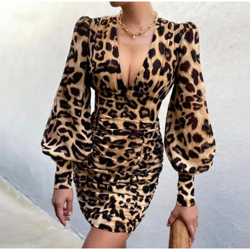 

Women Sexy Deep V Neck Floral Print Long Lantern Sleeve Ruched Leopard Dress Fashion Elegant Female Bodycon Party Dress