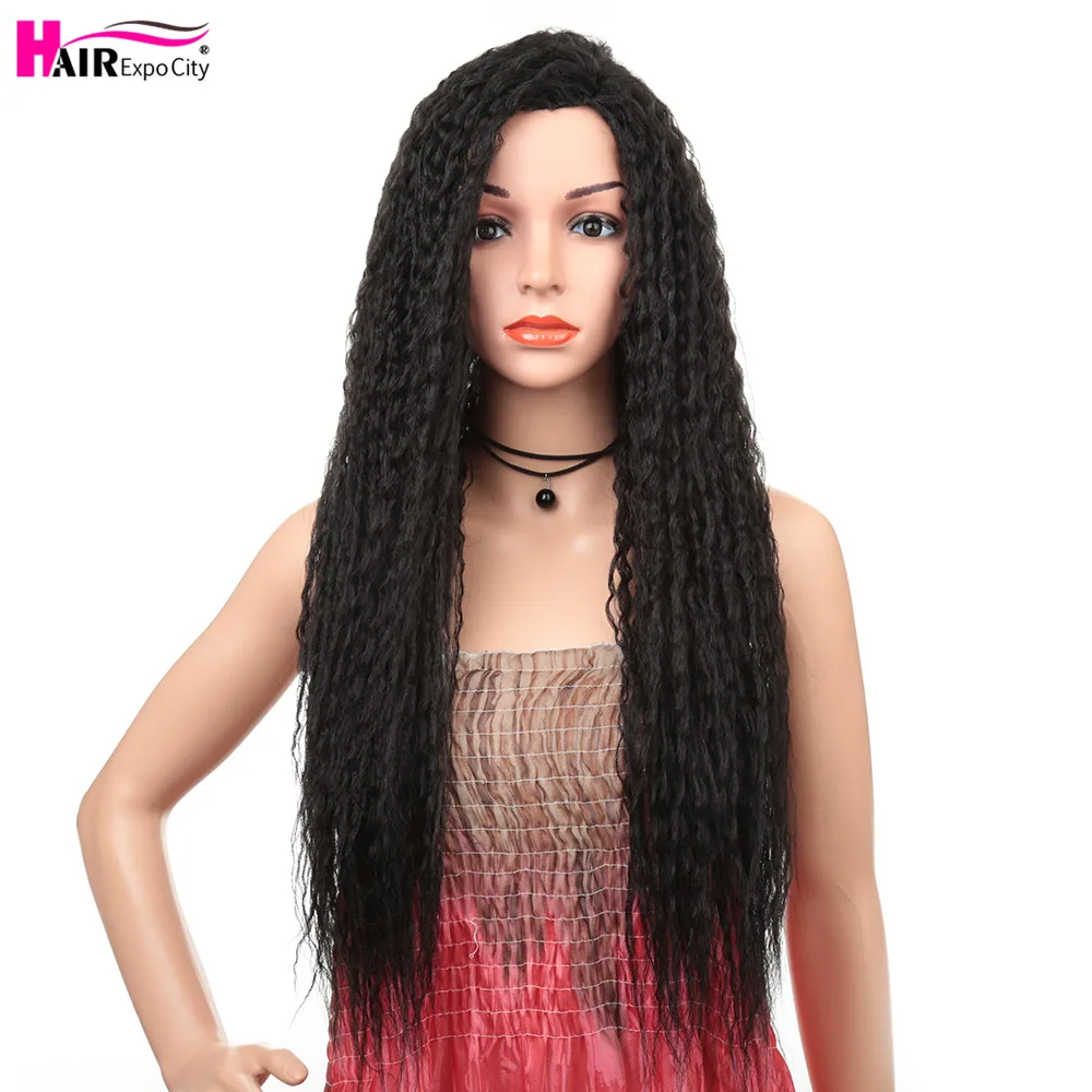 

28inch Long Kinky Curly Wig Synthetic Hair Wigs For Black Women Ombre Brown Wig With Dark Roots Wavy Hair Expo City