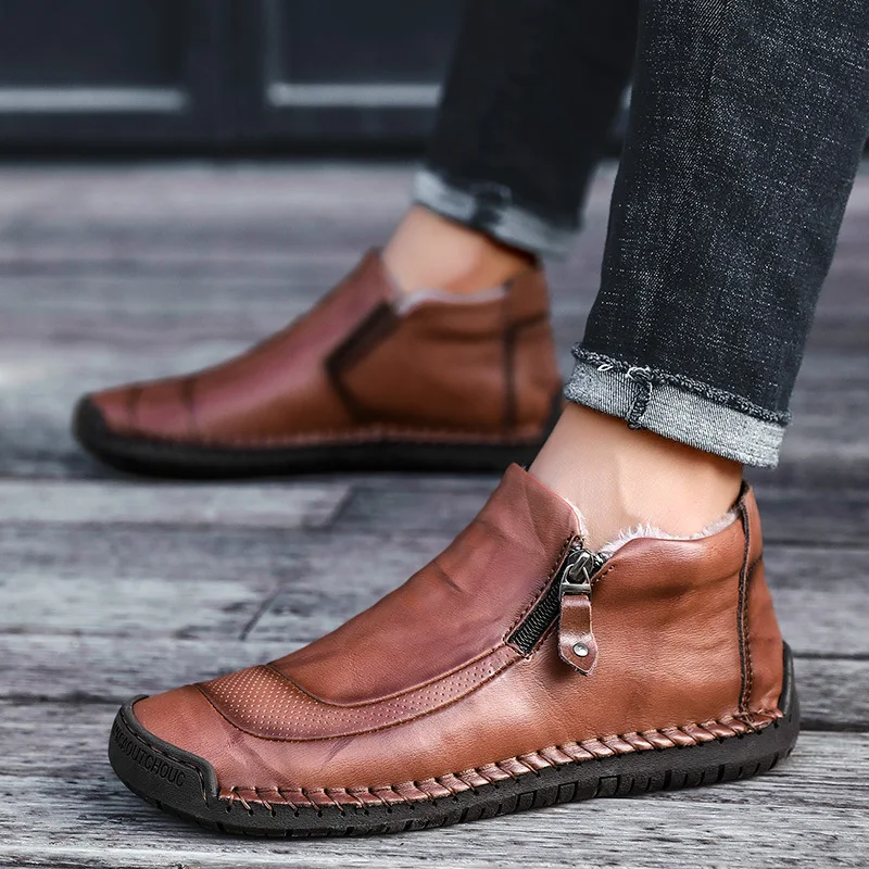 

Male Winter Split Leather Boots Outdoor Men Boots For Snow Dress Boots Ankle Boots Warm Short Plush Fur Winter Men Warming Shoes