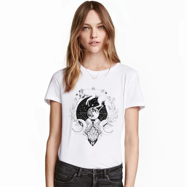 Fashionshow-JF Moon Child Fox Crystal Printed T Shirt Women Short Sleeve Cotton Sailor Fashion Street Style Outfits | Женская одежда