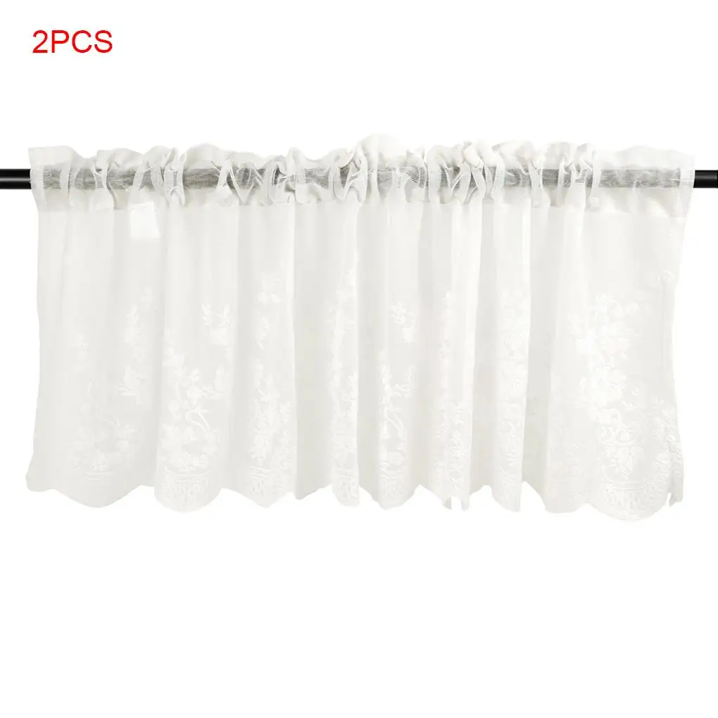 

2 PCS Lace Cafe Kitchen Ruffle Window Drape Valance Semi Transparent Voile Curtains Window Treatment
