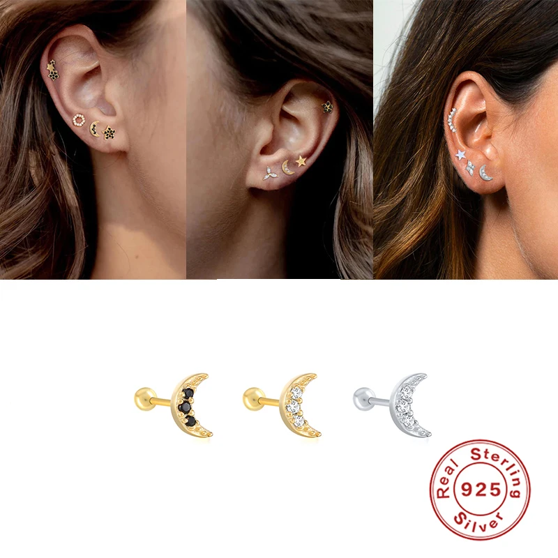1Pair 925 Sterling Silver Black Zircon Stud Earrings for Women Piercing 2020 Simple Gold Rose Cartilage | Украшения и аксессуары