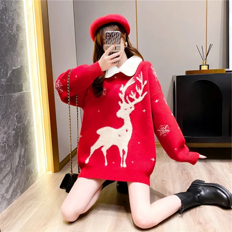 

2021 Autumn Winter New Christmas Sweater Pullover Women Fashion Doll Collar Ladies Print Deer Thick Long-SLeeved Loose Knit Top