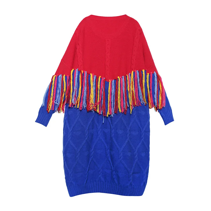 Длинный свитер пуловер женское Контрастное трикотажное платье с бахромой