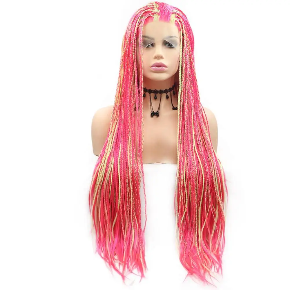 Braided Wigs for Women Pink Lace Front Wig Mix Yellow Highlight Colorful Synthetic Heat Resistant Fiber Crochet Braids Wigs