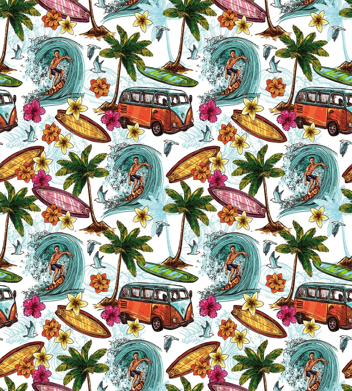 Ocean Duvet Cover Set Hawaiian Surfer on Wavy Deep Sea Retro Style Palm Trees Flowers Surf Boards Print Decorative 3 Piece Bed |