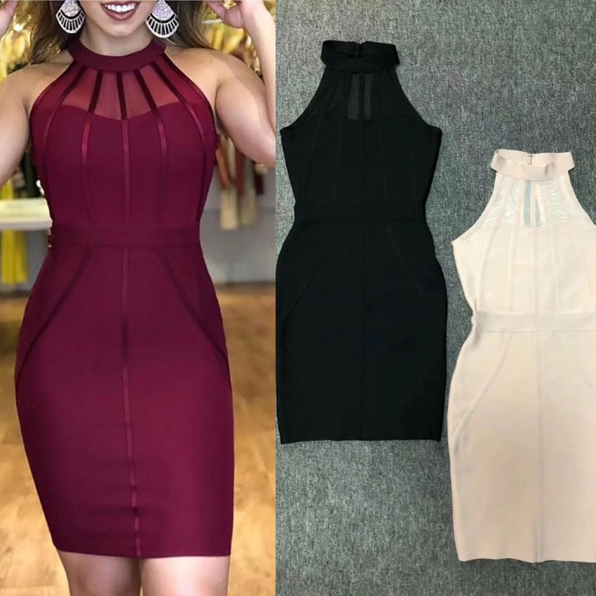 

2019 Top Quality Celebrity Wine Khaki Black Sleeveless Rayon Bandage Dress Runway Party Bodycon Dress
