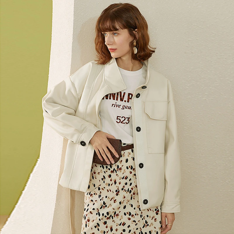 Lautaro Свободная женская искусственная кожа рубашка на пуговицах с