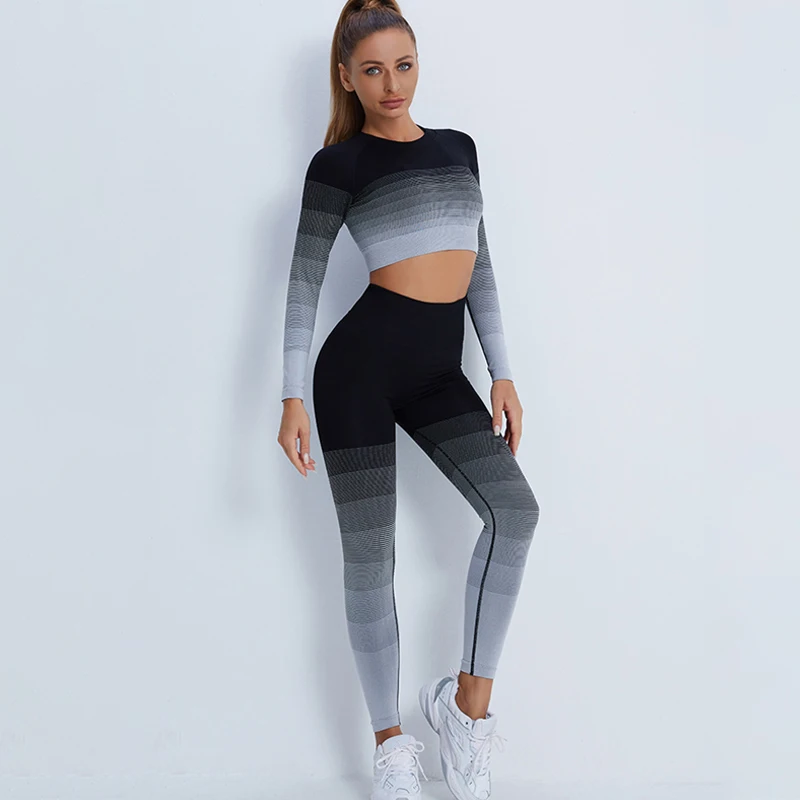 

Бесшовные градиентные комплекты ASHEYWR, женские тонкие вязаные высокоэластичные полосатые костюмы для фитнеса, тренировочный топ с длинным р...