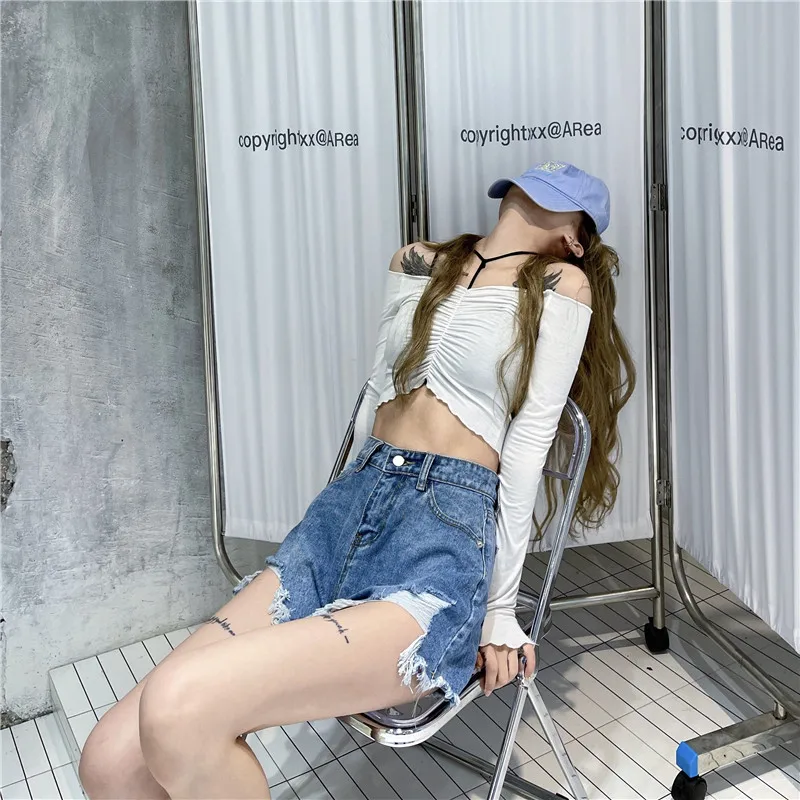 

NYOOLO Harajuku Streetwear Destroyed Hole High Waist Tassel Denim Shorts Women Summer Sexy Ripped Jeans Boyfriend Hotpants