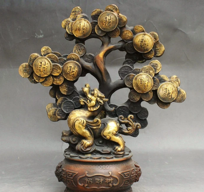 Rui 12 дюймов Старый Китайский Фэншуй Бронзовый позолоченный Единорог зверь