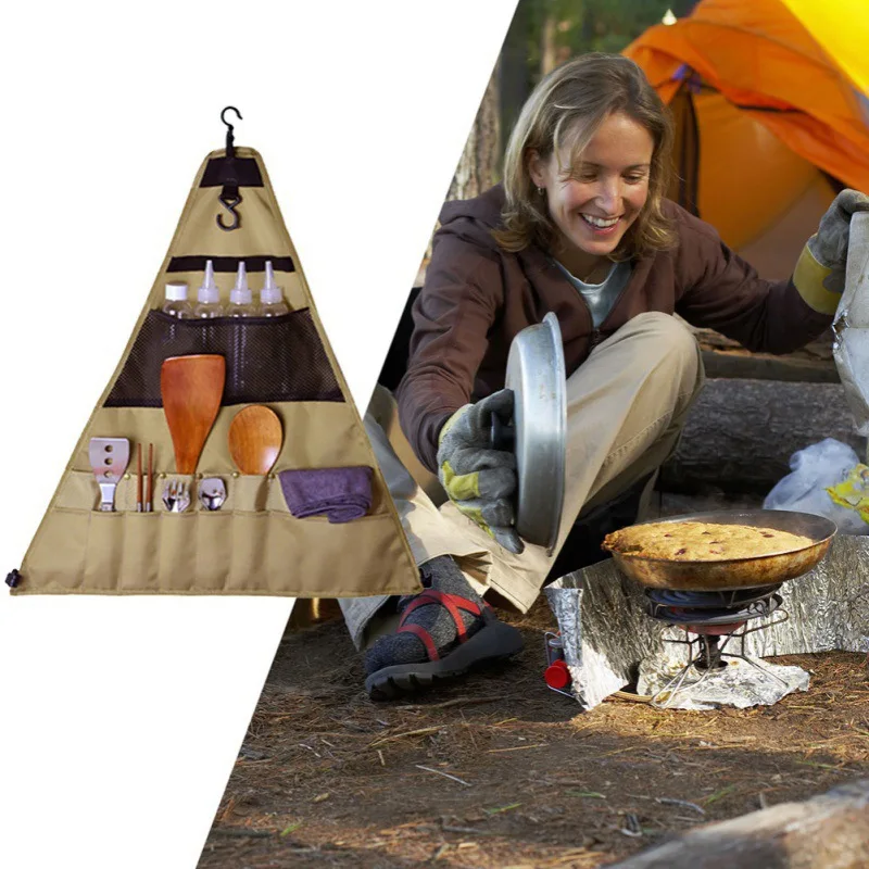 

Oxford Cloth Portable Outdoor Camping Picnic Tableware Storage Bag Hangable Travel Cook Barbecue Cutlery Organizer Camping Bag