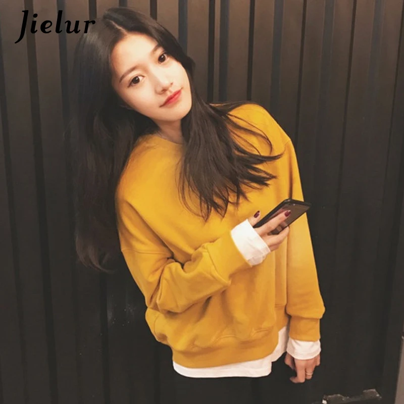Jielur одноцветные кофты с капюшоном женские Лоскутные поддельные из двух частей флисовые толстовки для женщин 4 цвета в стиле преппи базовый Женская толстовка m-xl