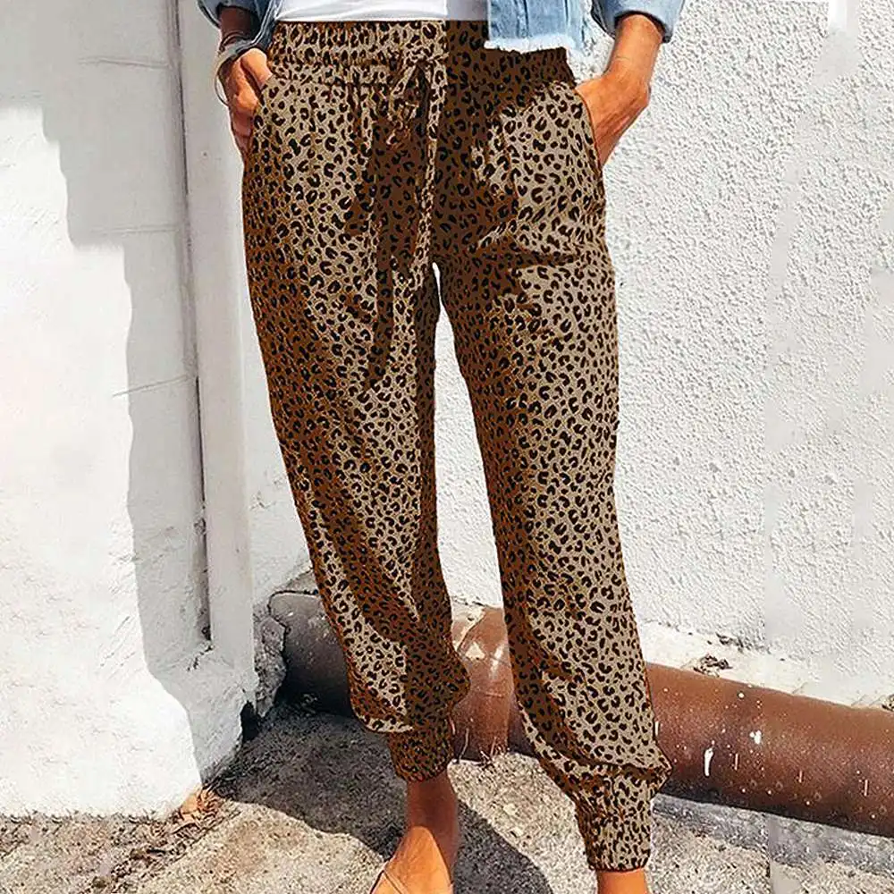 

2021 New Style Women Leopard Print Long Trousers Summer Loose Lace-up Pants with Pockets Casual Style Clothes Plus Size XXL