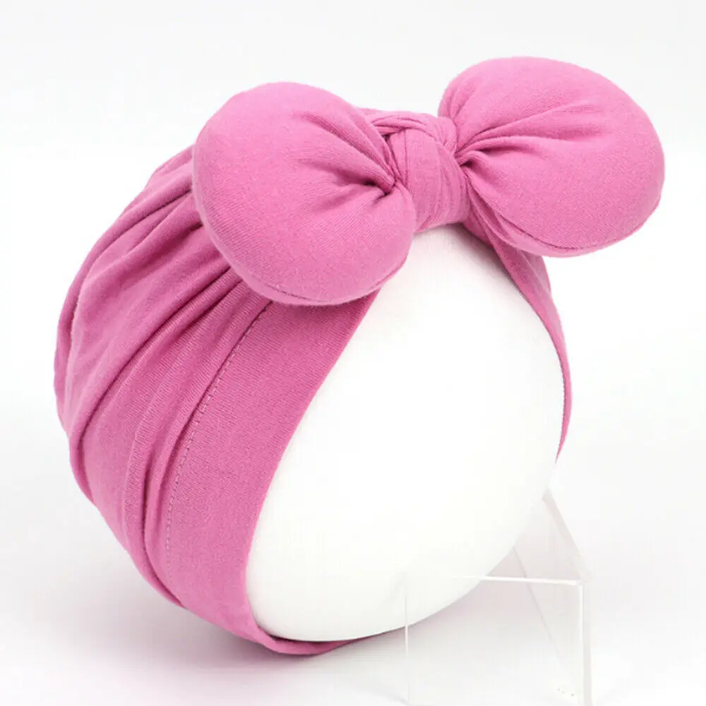 Rose Red Newborn Toddler Baby Girls Turban Soft Silk Beanie Big Bow Hat Cap Wrap Headwear Headband Hats Accessories Candy Color Cute - Color: Rose Red