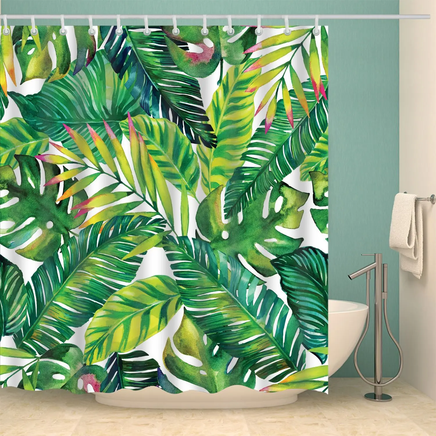 

3D printing tropical plants flowers palm leaves green freshness windproof shower curtain bathroom home decoration