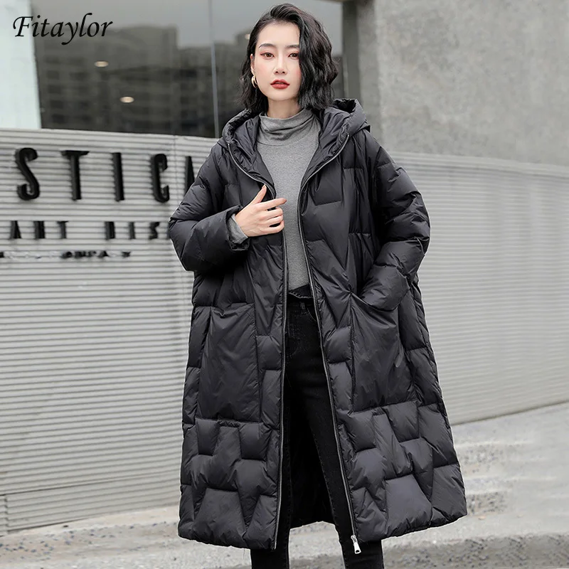Fitaylor/зимняя куртка большого размера с капюшоном и перьями для женщин винтажное