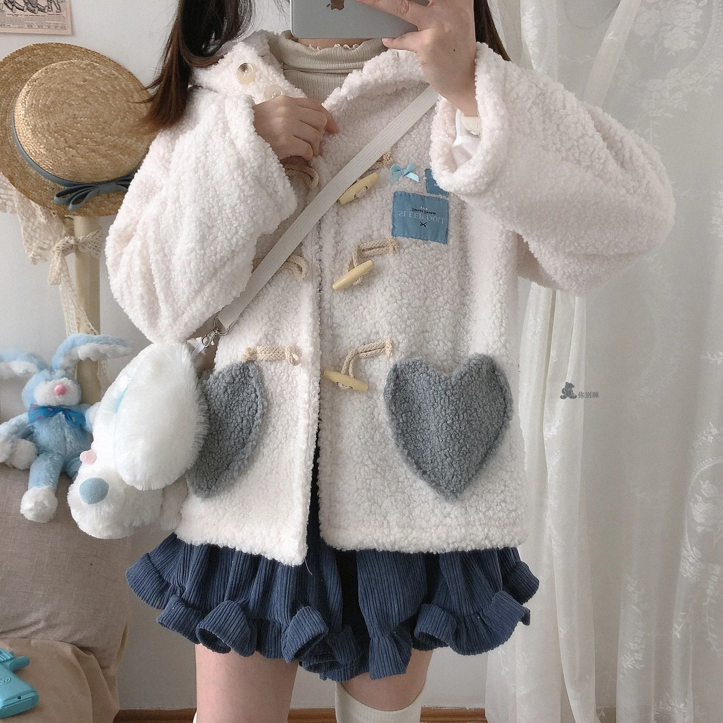 

Japanese Sweet Girl Lolita Cute Retro Plush Horn Buckle Hooded Coat Autumn Keep Warm Student Daily Cloth Cosplay Loli Top