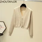 Кардиган ZHOUTAYLOR, женский элегантный модный короткий офисный Топ, женский милый однобортный джемпер с V-образным вырезом, Женский S0431