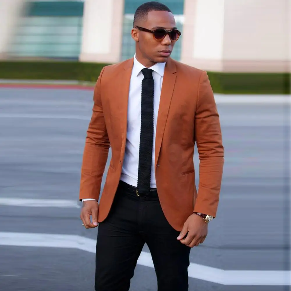 Новейший дизайн пальто и брюк оранжево коричневый льняной мужской костюм