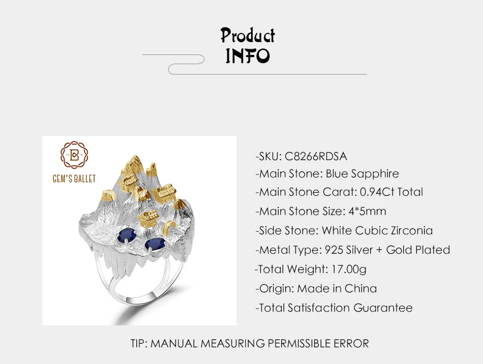 GEM'S BALLET 925 Sterling Silver Temple Mountain Natural Blue Sapphire Handmade Gemstone Rings For Women Halloween Horror Story