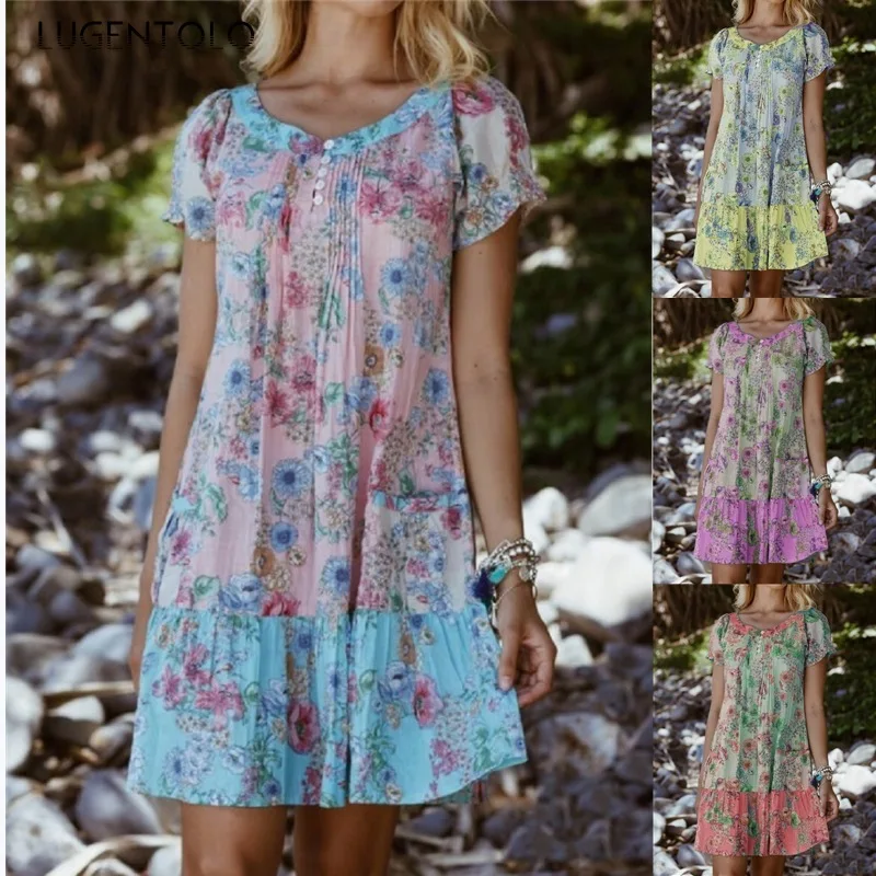 

Lugentolo Short Sleeve Dress Women Large Size Casual Flower Print Thin Button O-neck Female Street Short Princess Dress