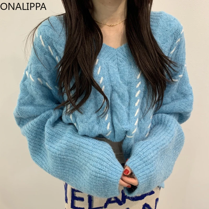 

Onalippa Women Pullover 2021 Autumn Elegant Temperament Retro V-Neck Mixed Color Linen Pattern Warm Long-Seeved Knitted Sweater