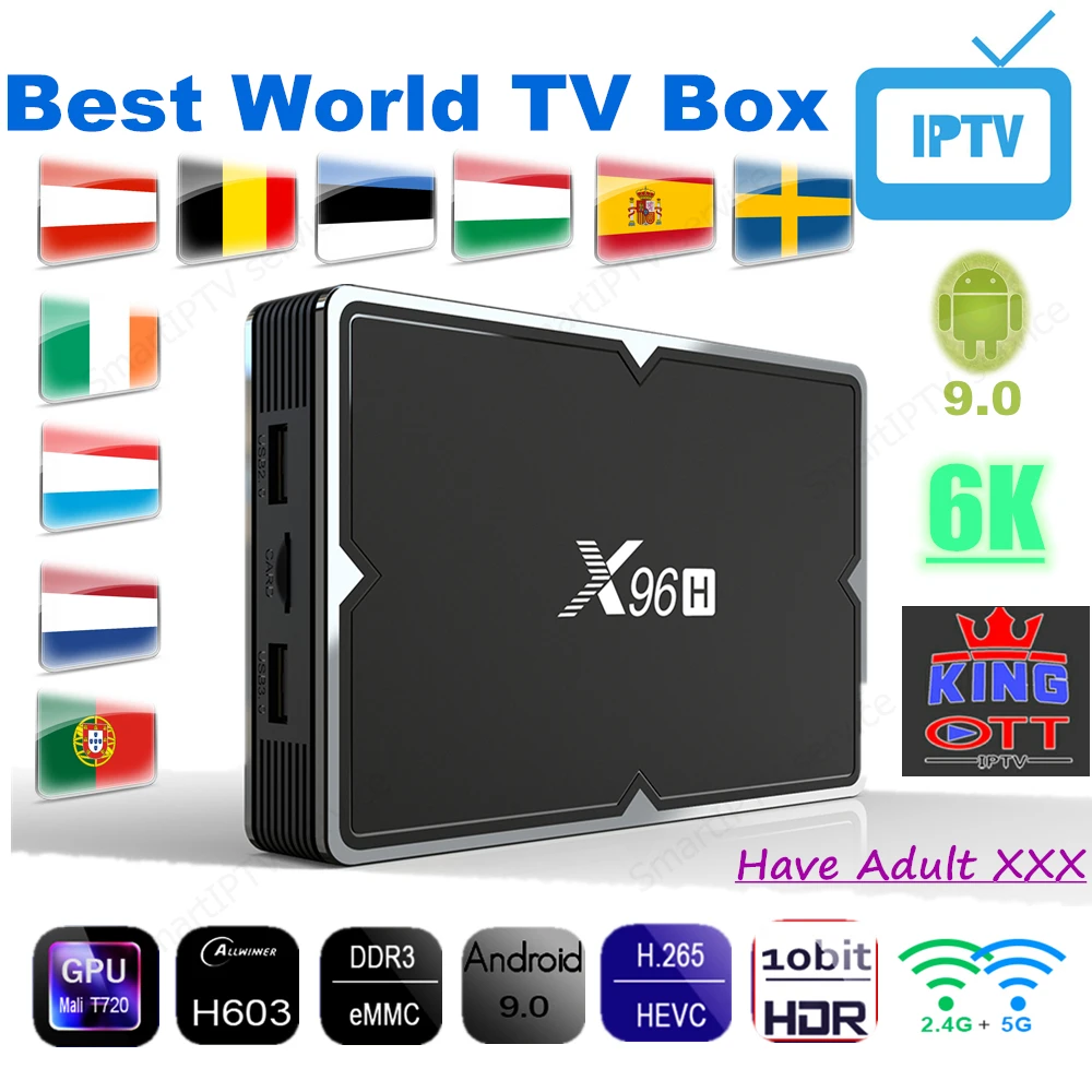 X96H Android 9,0 приставка подписка Франция Испания Германия Европа 7300+ Live 8300+ VOD есть каналы для взрослых smart tv box