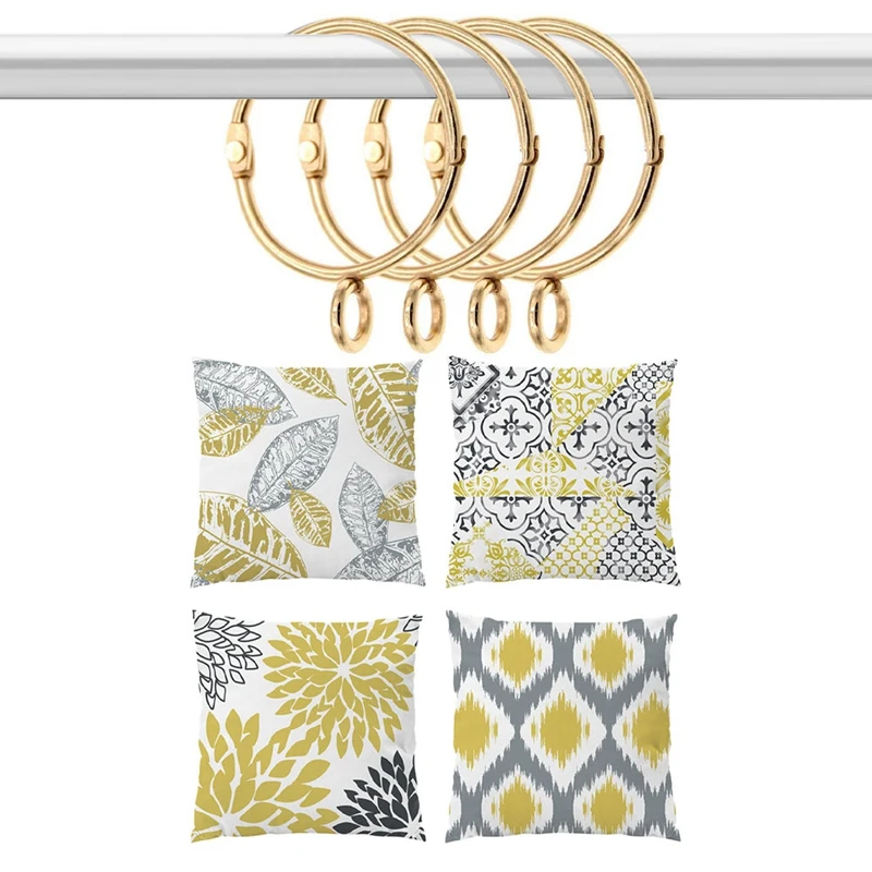 

4Pcs Cushion Cover Throw Pillow Case With 20Pcs Openable Gold Curtain Rings Open And Close Metal Drapery Loops