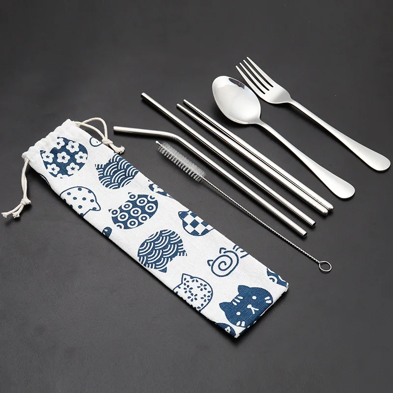 Stainless steel tableware portable set student outdoor travel gift custom straw chopsticks fork spoon cloth bag combination set