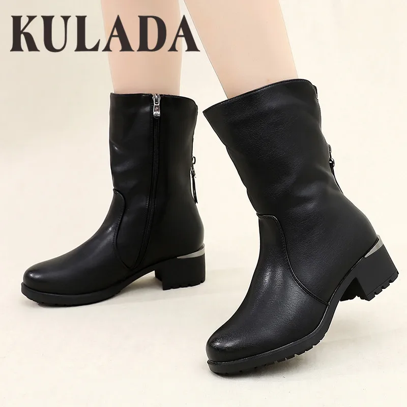 Женские ботинки из ПУ кожи KULADA теплые водонепроницаемые сапоги до середины икры