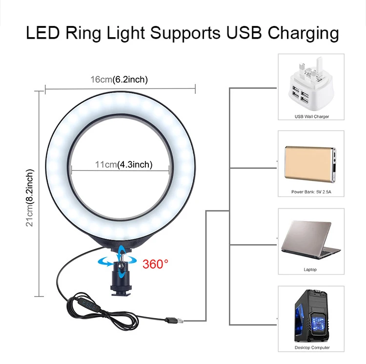 Светодиодный кольцевой светильник Cadiso 6 2 дюйма с регулируемой яркостью для селфи
