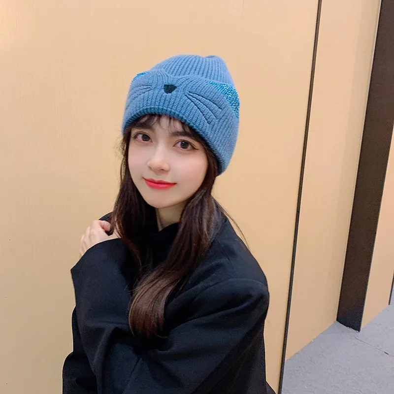

Fashion Beanie Winter Hats for Women Student Woolen Female Cute Cartoon Cat Outdoor Knitted Casual All Match Earmuff Head Hood
