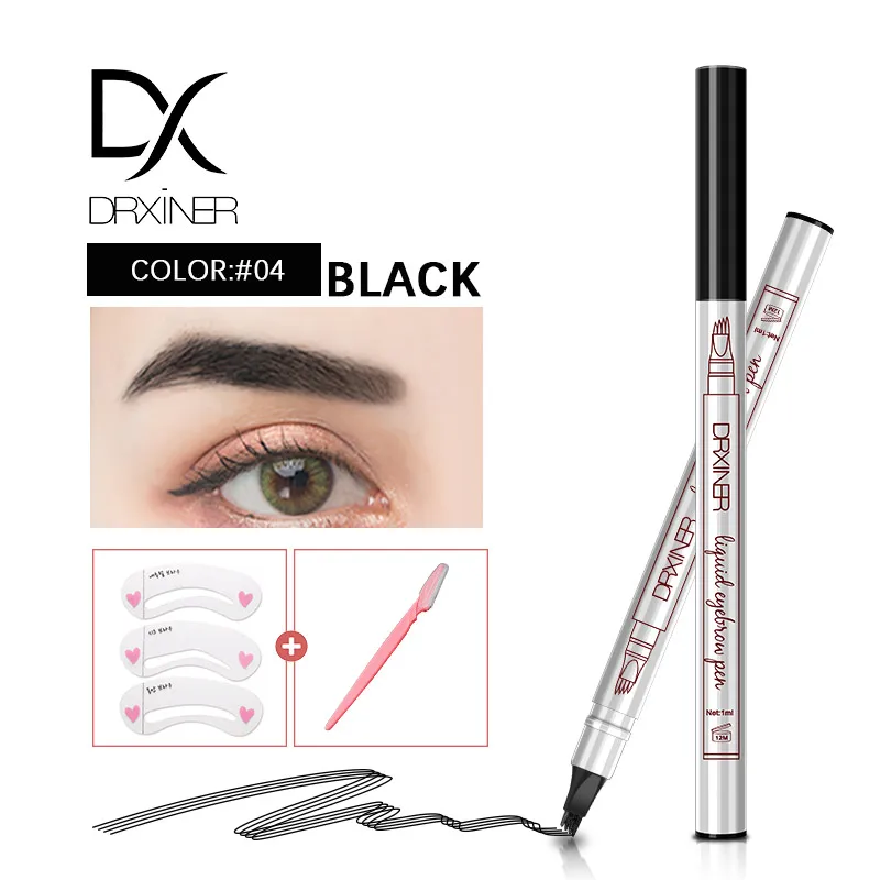 BLACK Drxiner, 4 головки, маркер для бровей, карандаш, водонепроницаемый, микроблейдинг, для бровей, тонкая татуировка, ручка, тени для бровей, макияж, карандаш для бровей - Цвет: BLACK