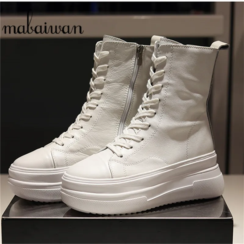 

Mabaiwan Fashion Women Sneakers Genuine Leather Ankle Boots For Women Winter Platform High Heels Zipper Height Increasing Shoes