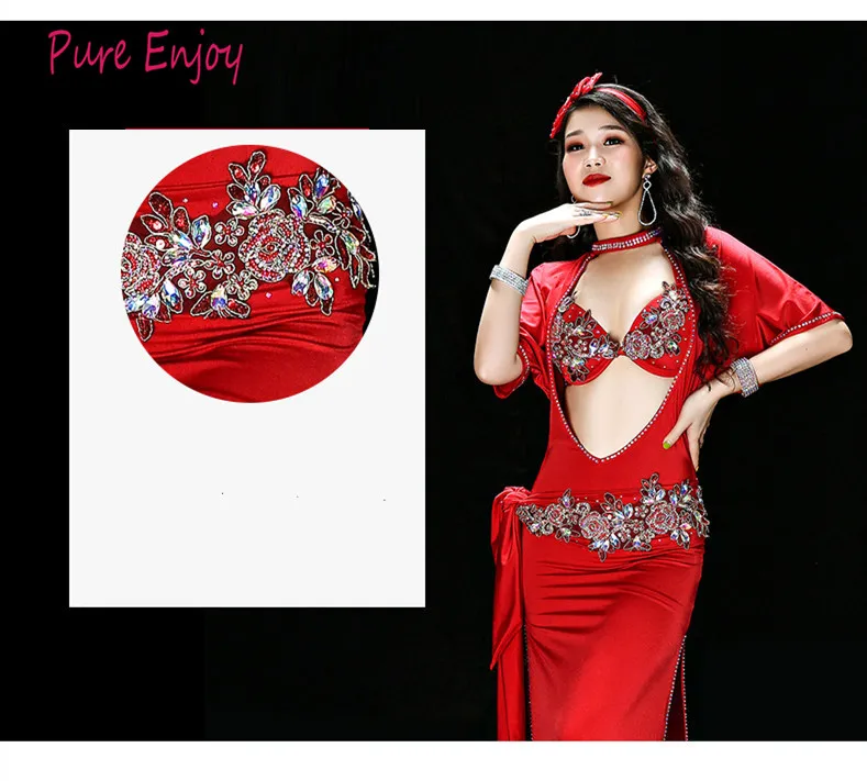 Красный Фиолетовый Костюм Танца Живота 5 Шт. Набор Женщины Bellydance Роскошный Египетский Стиль Galabeya Танцевальное Платье Спектакли