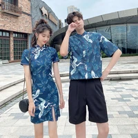 couple matching clothes college chinese dress fashion style crane cheongsam qipao shirts women men summer ethnic outfit wear set
