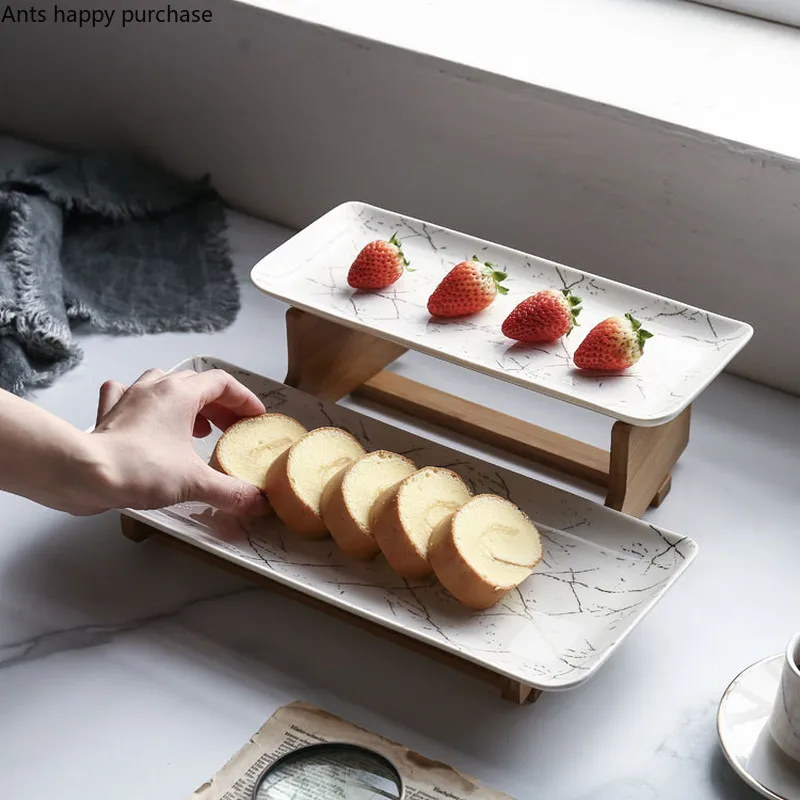 Double Layer Ceramic Plate Cake Tray with Wooden Shelf Get Together Display Afternoon Tea Dessert Stand | Дом и сад