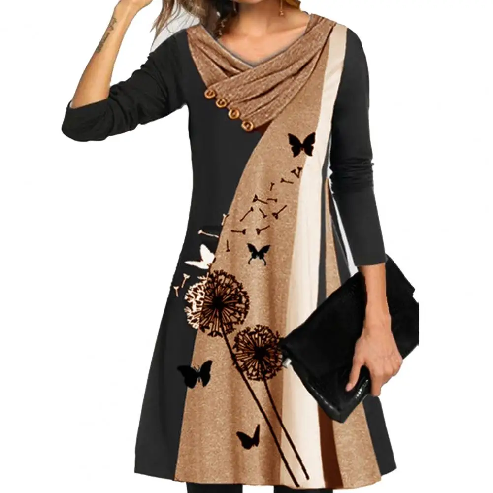 

HOT SALES!!! Women Dress Long Sleeve Dandelion Print Double Collar Buttons Streetwear for Spring