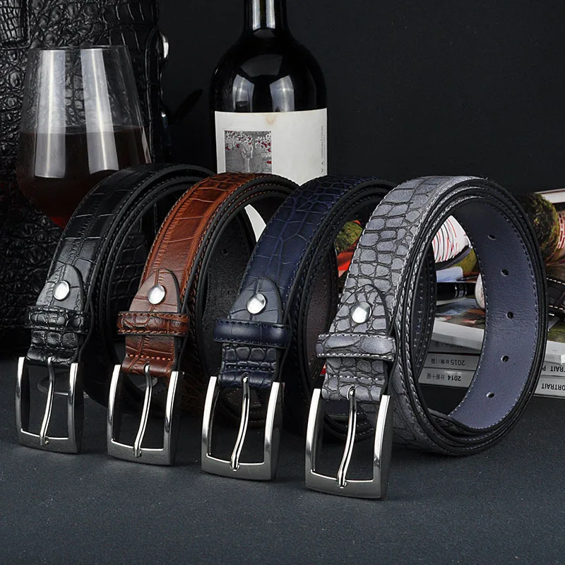 

Plyesxale Brand Crocodile Pattern PU Leather Belts For Men Luxury Designer Gray Dark Blue Black Belt Pin Buckle Waist Strap G508