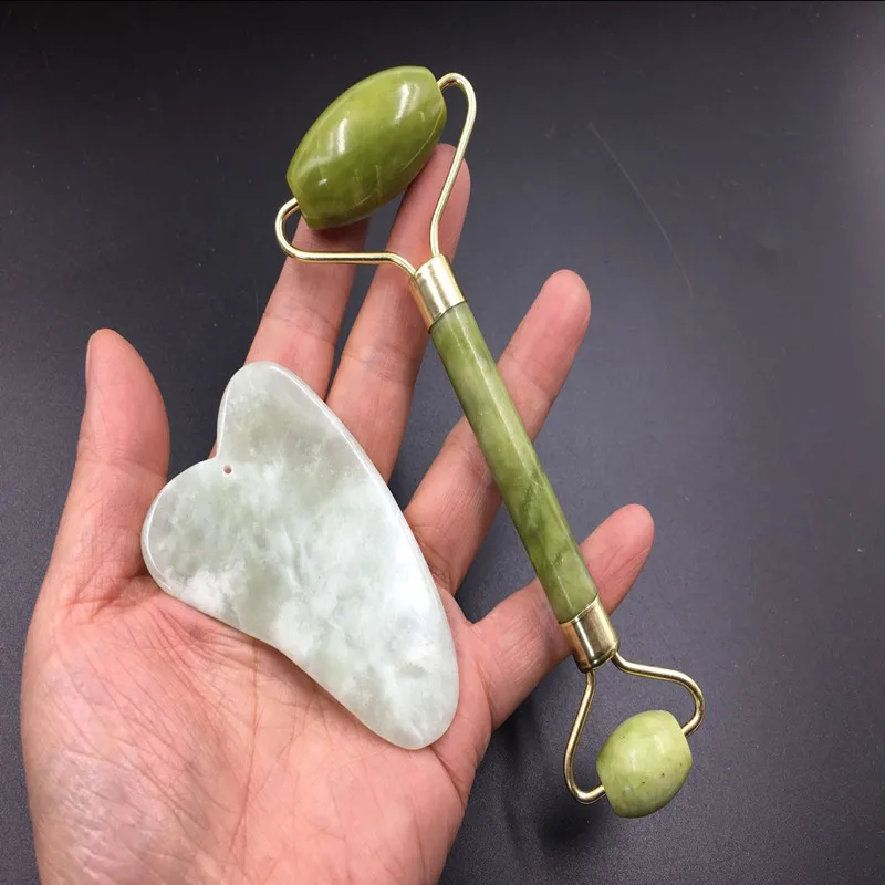 2Pcs Facial Massage Jade Roller Face Neck Natural Stone Health Care Body Gua Sha Board Beauty Tool Set | Красота и здоровье