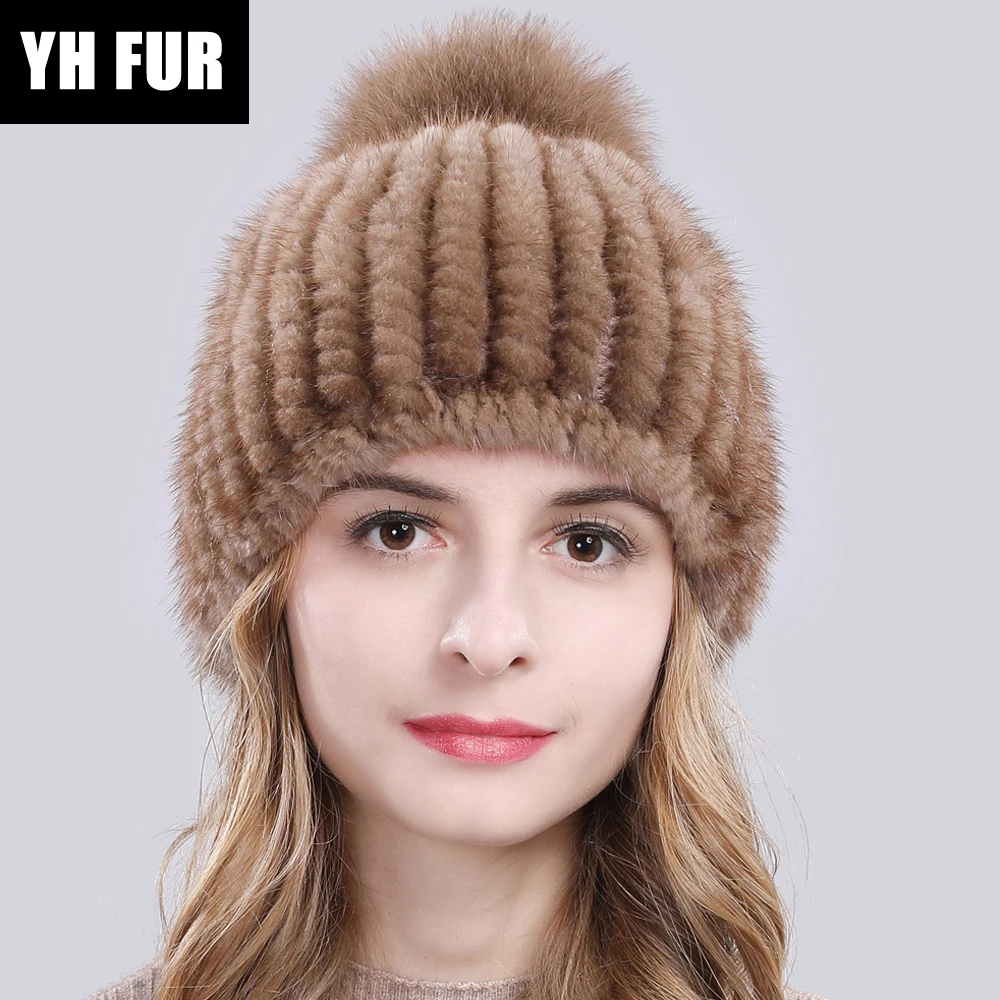2020 новая милая меховая шапка из натуральной норки Для женщин зимние вязаные