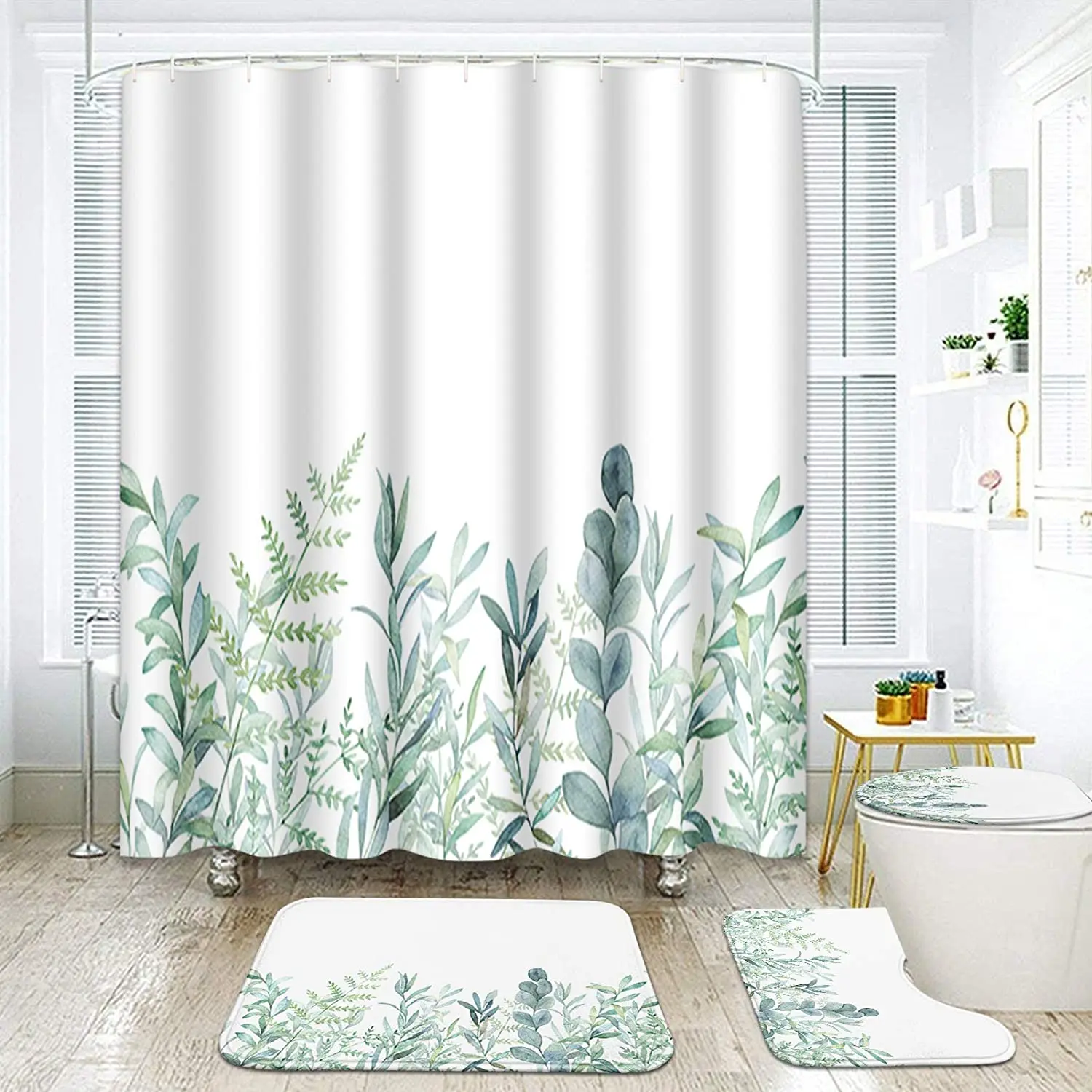 

Green Leaves Print Shower Curtain Set Carpet Cover Toilet Cover Bath Mat Pad Set Bathroom Curtain With 12 Hooks Home