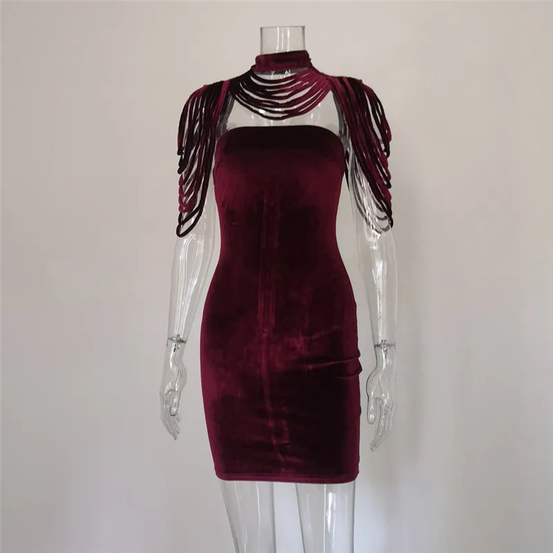 

ISAROSE Lady Strapless Dresses Soft Velvet Bodycon Club Party Dress for Women with Shoulder Padded Cloak Tassel Choker Necklace