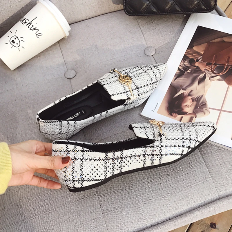 Клетчатые лоферы женские Геометрические туфли на плоской подошве шнурок для