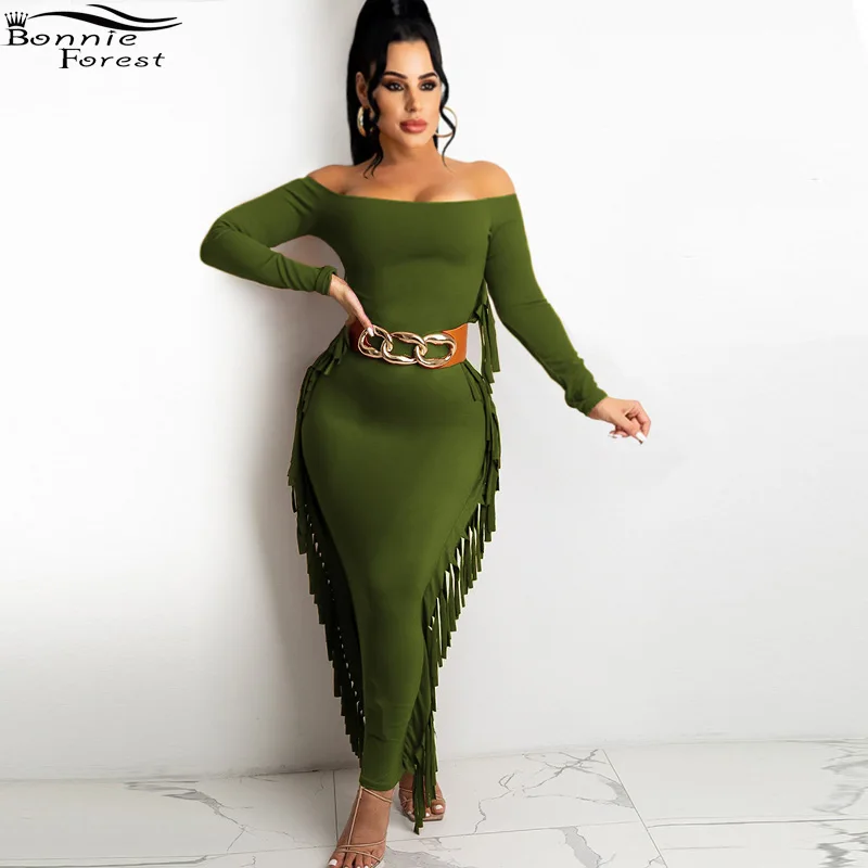 Bonnie Forest Fashion Army Green Fringed Maxi Dress Womens Off The Shoulder Tassle Details Bodycon Party Club Dress Rave Wears