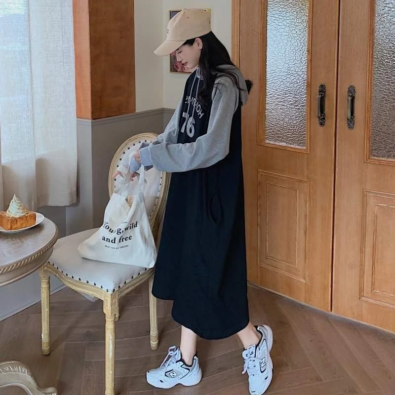 

Women Long Sleeve Dresses Plus Size 4XL Hooded Letters Printed Loose A-line n Fashion Trendy Simple Students Office Lady