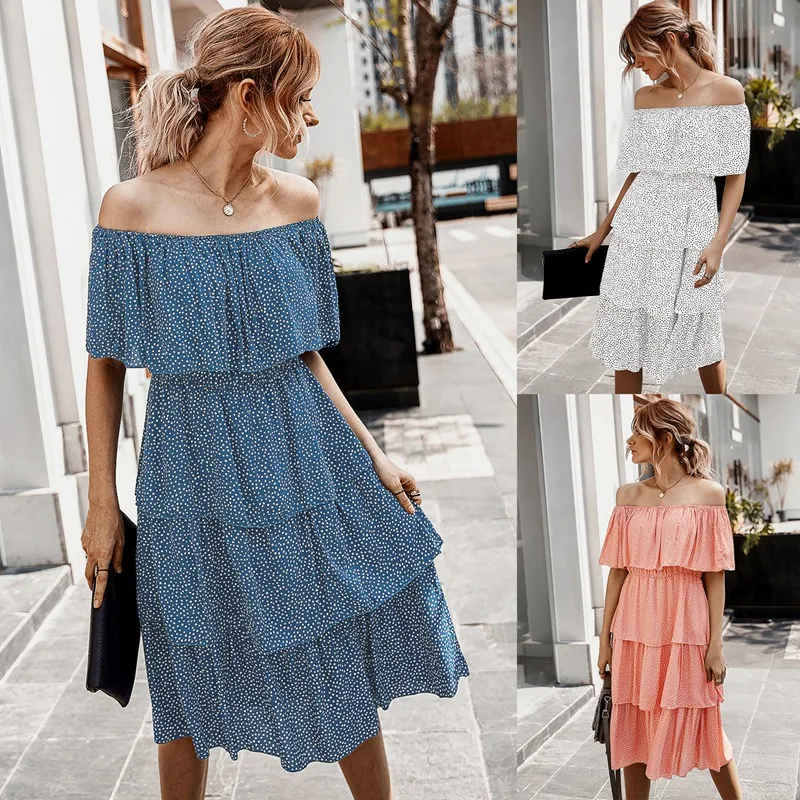 

Women Boho Style One-Shoulder Short Sleeve Beach Polka Dot Party Cake Dress