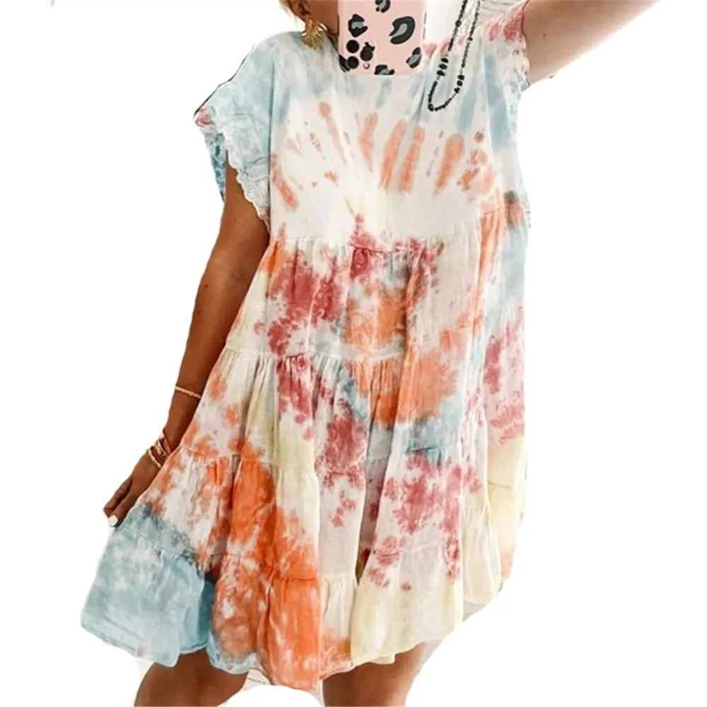 

Летние женские платья с принтом тай-дай, короткие рукава, свободные мини-платья, повседневные платья, платье в стиле Харадзюку, лето 2021