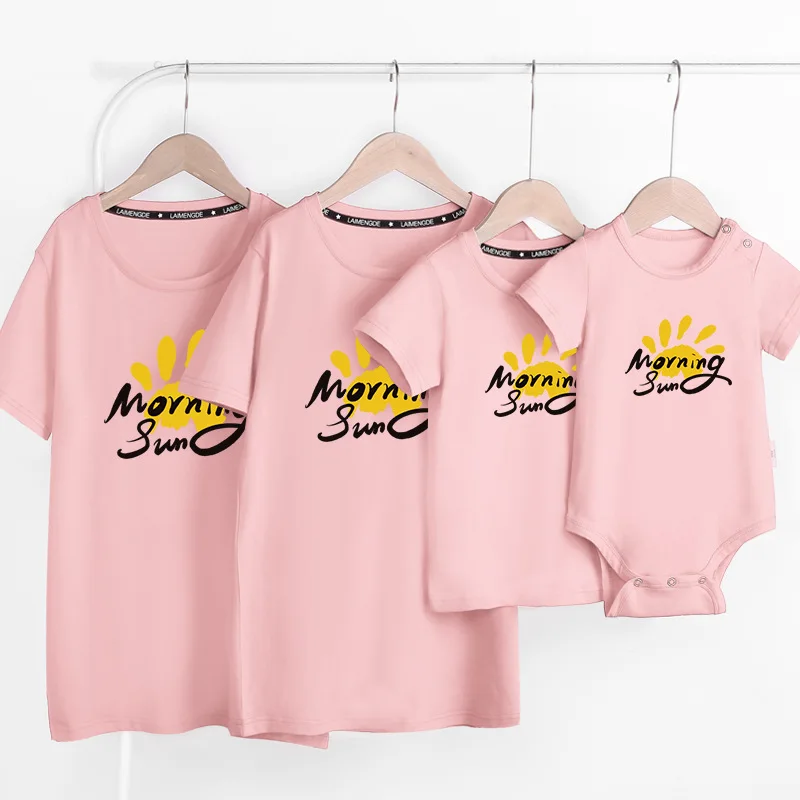 

27kids Mother Daughter Romper Clothes Matching Family Cotton T-shirt Tops Parent-child Outfits Morning Sun Pattern
